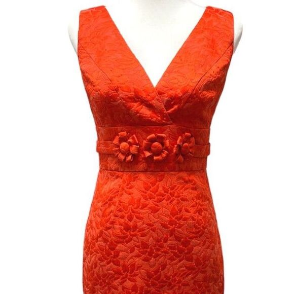 Ellen Tracy Jacquard Floral Orange V-neck Sleeveless Sheath Dress Size Small - Picture 3 of 14